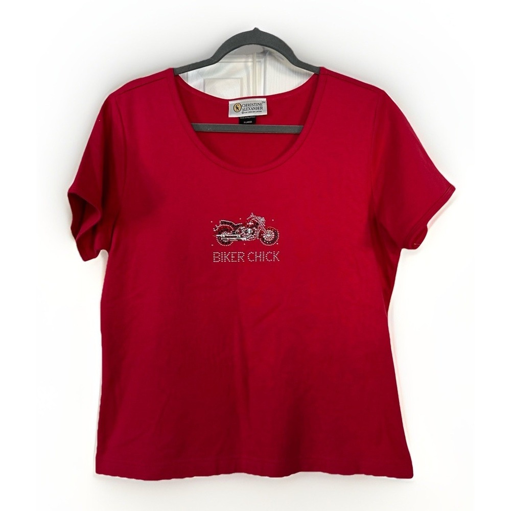 Christine Alexander Red Short Sleeve Embellished Top XL Crop Biker Chick